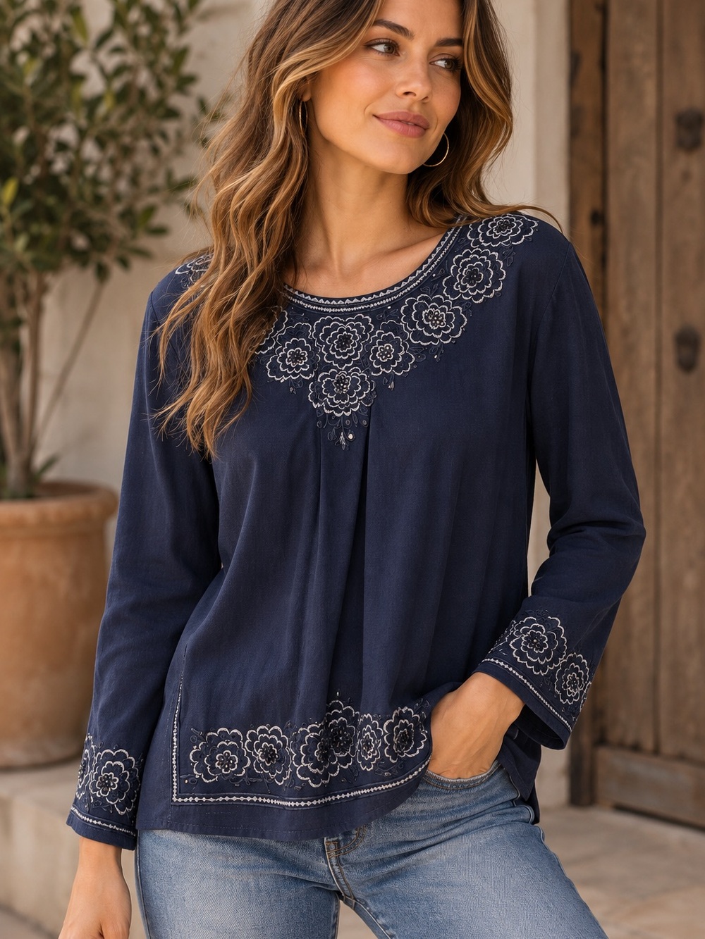 Women’s Navy Floral Embroidered Beaded Long Sleeve Boho Top Small